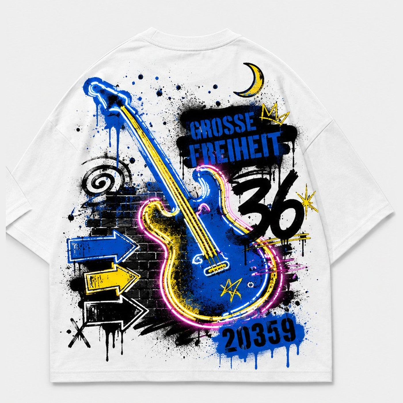 Grosse Freiheit 36 Oversized T-Shirt Weiß, Rückansicht mit Neon-Gitarre