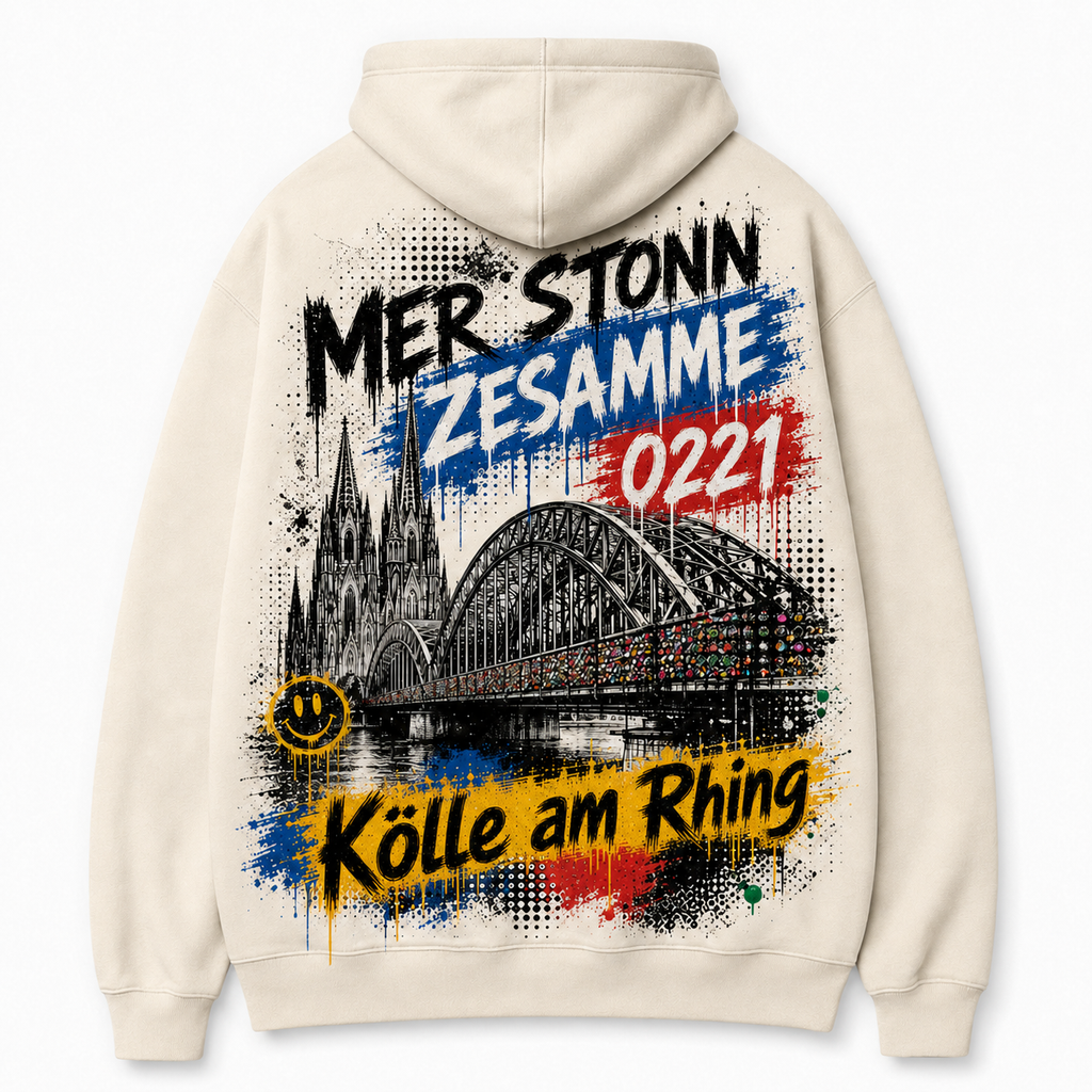 Hohenzollernbrücke Heavy Hoodie Natural, Rückansicht mit Brücke und Dom