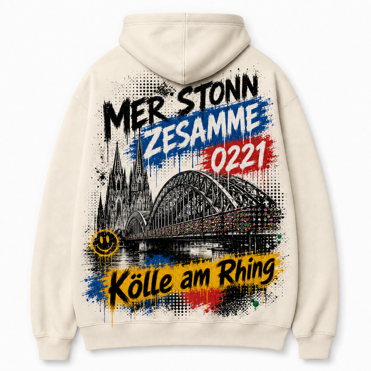 Hohenzollernbrücke Heavy Hoodie Natural, Rückansicht mit Brücke und Dom