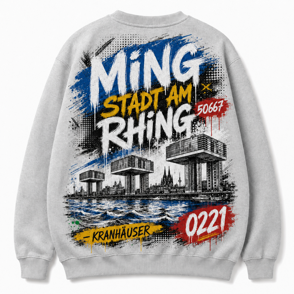 Kranhäuser Rheinauhafen Heavy Sweater Grau meliert, Rückansicht mit Kranhäusern
