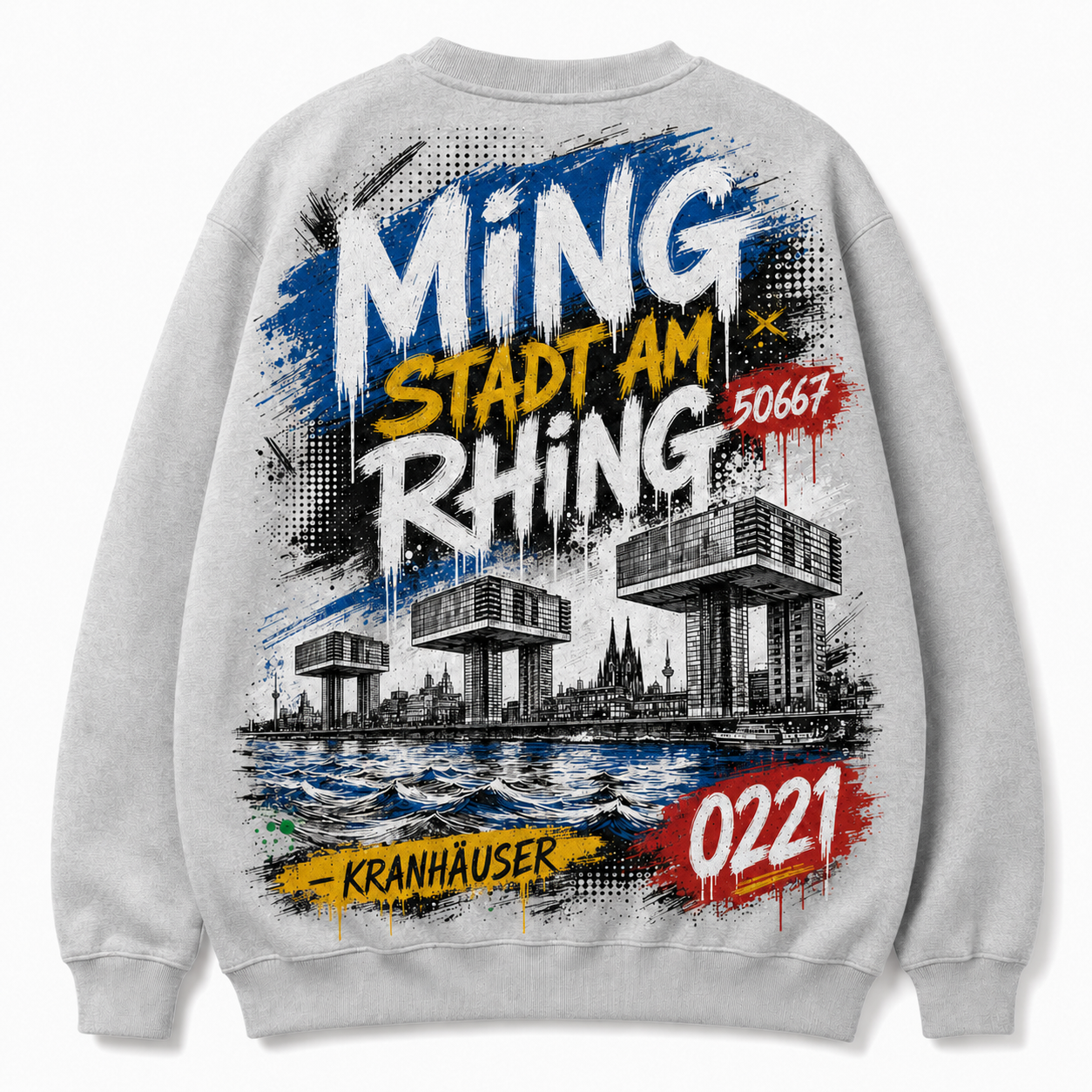 Kranhäuser Rheinauhafen Heavy Sweater Grau meliert, Rückansicht mit Kranhäusern