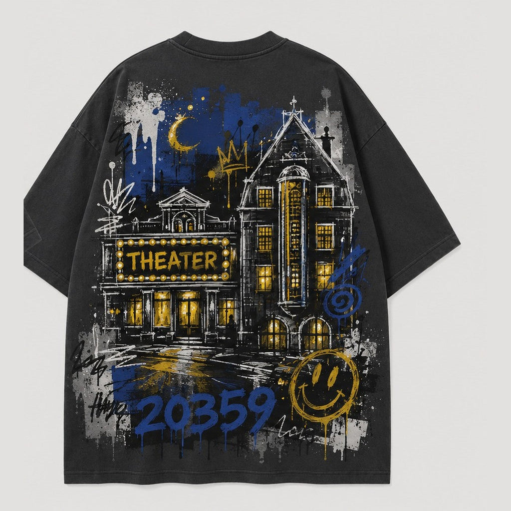 Theater 20359 Oversized T-Shirt Washed Black, Rückansicht mit Theaterfassade