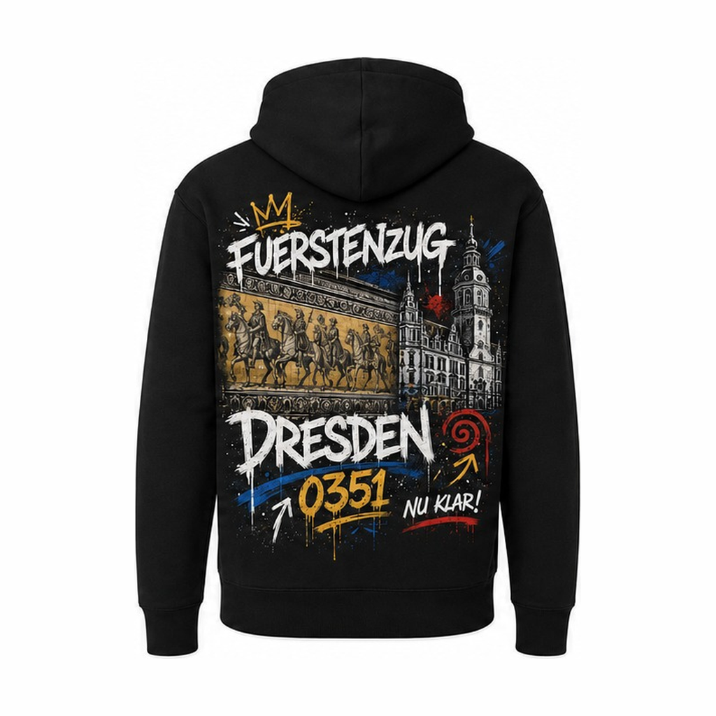 Fürstenzug Residenzschloss Heavy Hoodie Schwarz, Rückansicht mit Fürstenzug