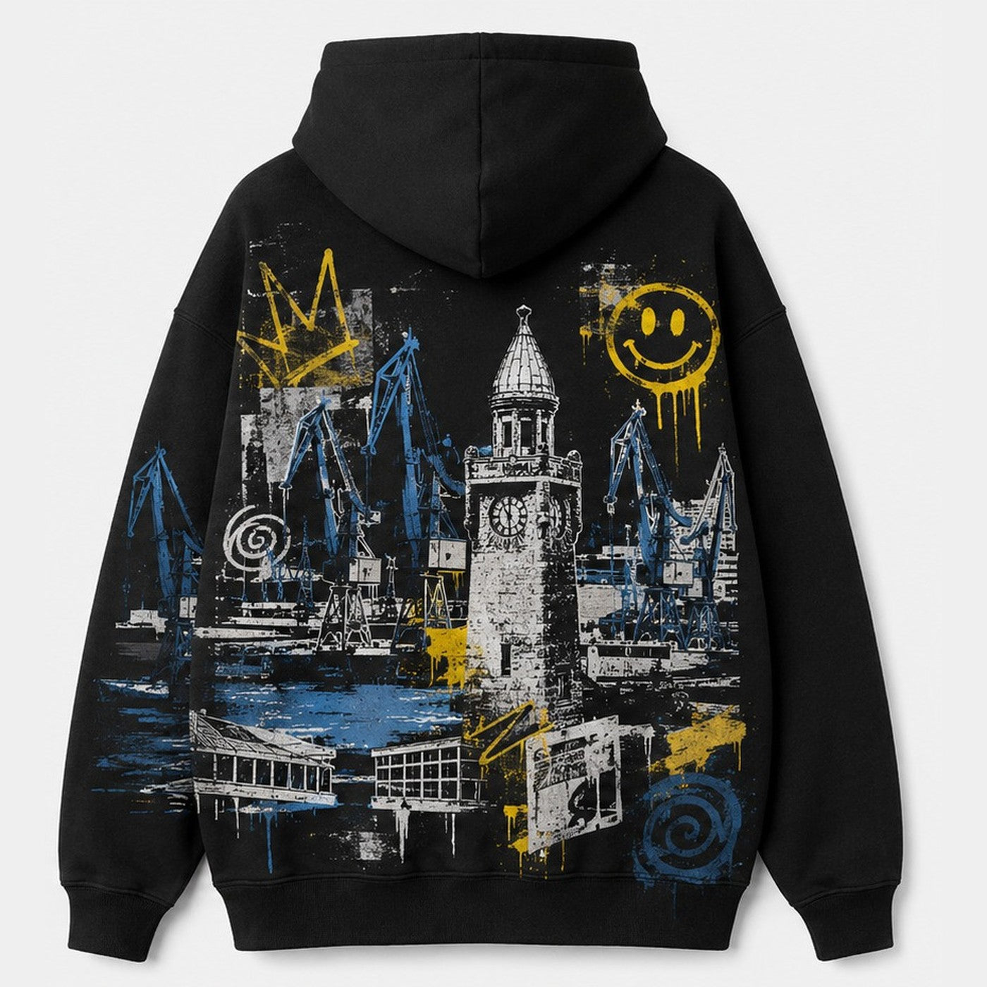 Hafenkante Mein Kiez Hoodie Schwarz, Rückansicht mit Hafenmotiv