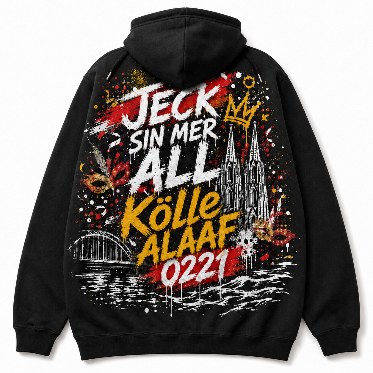 Karneval Alaaf Heavy Hoodie Schwarz, Rückansicht mit Kölle Alaaf Motiv