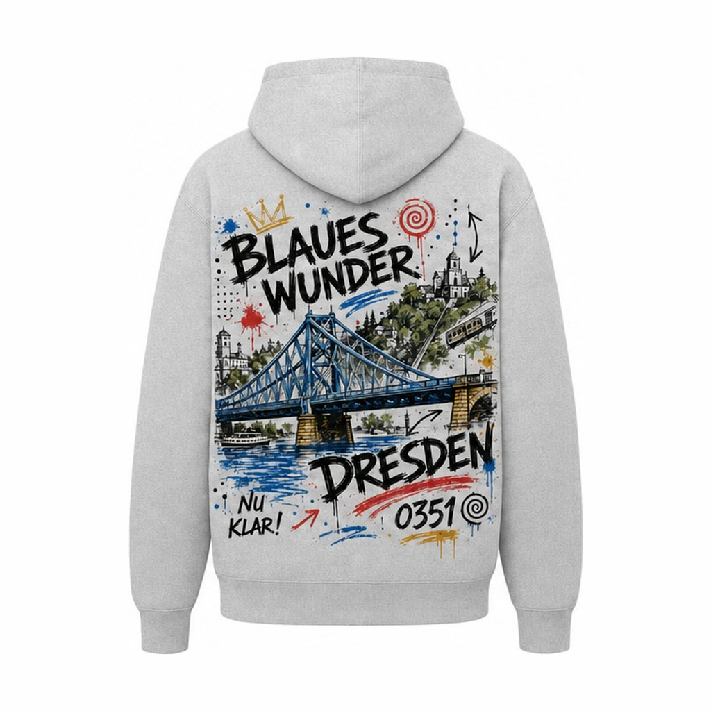 Blaues Wunder Heavy Hoodie Grau meliert, Rückansicht mit Elbbrücke