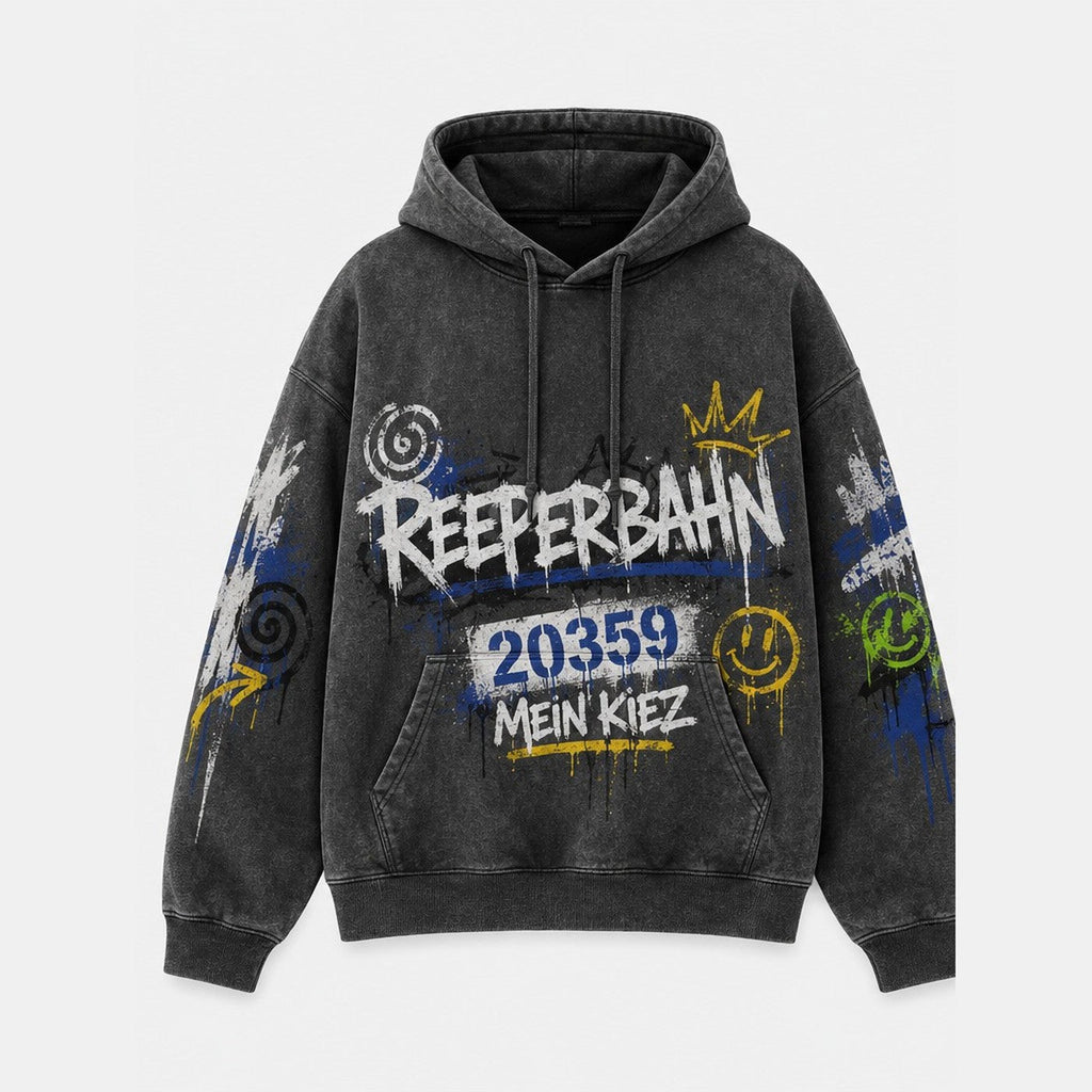 Reeperbahn Shutter Hoodie Washed Grey, Vorderansicht mit großem Schriftzug
