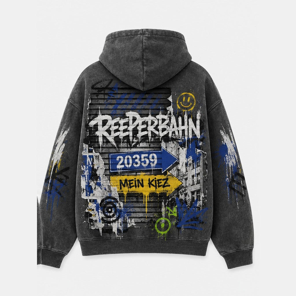 Reeperbahn Shutter Hoodie Washed Grey, Rückansicht mit Rollladen-Motiv