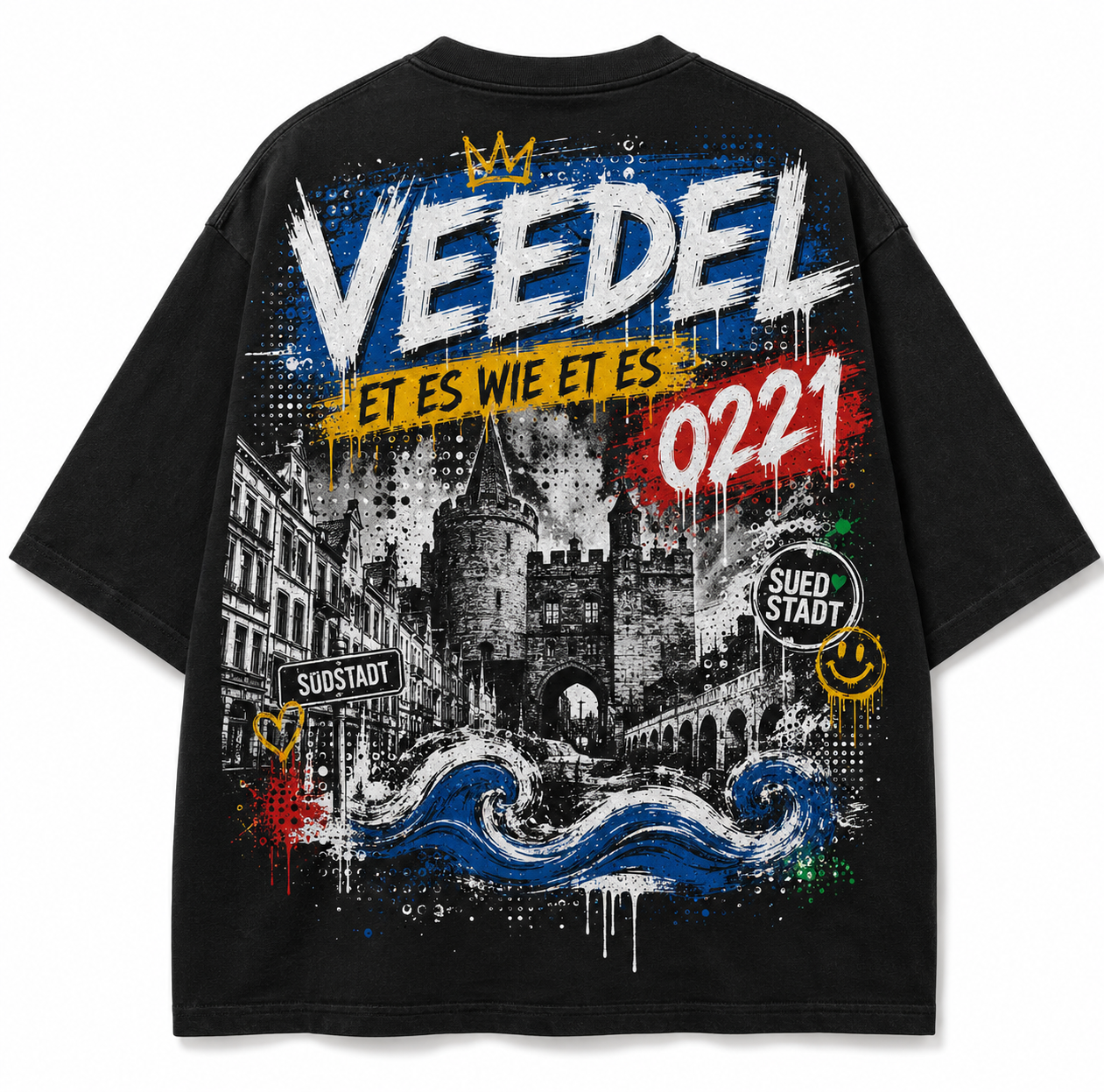 Veedel Südstadt Oversized T-Shirt Schwarz, Rückansicht mit Severinstorburg