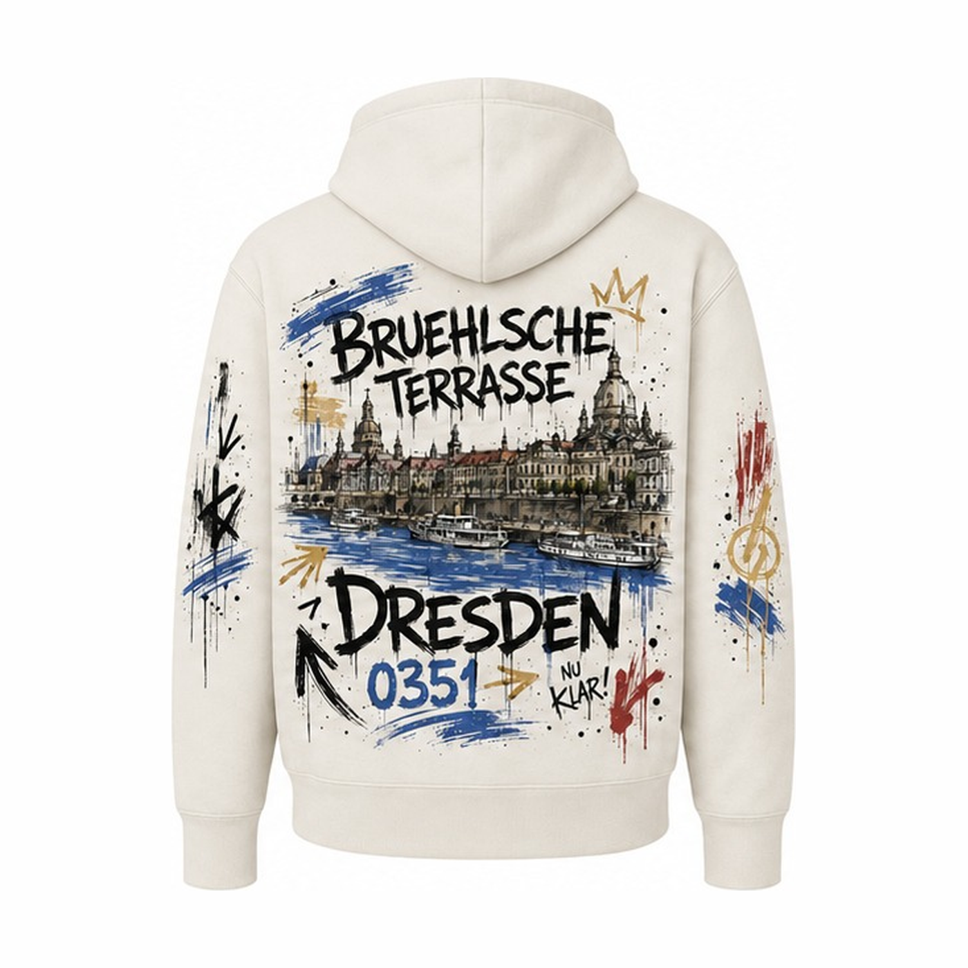 Brühlsche Terrasse Heavy Hoodie Natural, Rückansicht mit Elbpanorama