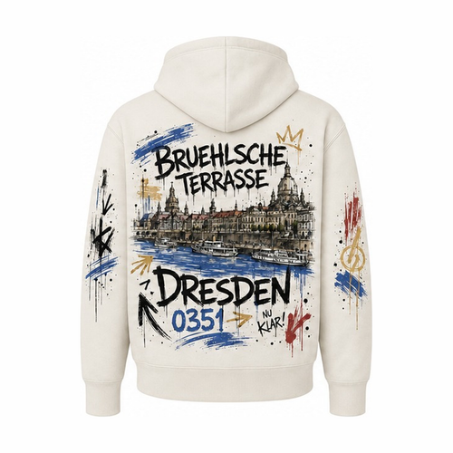 Brühlsche Terrasse Heavy Hoodie Natural, Rückansicht mit Elbpanorama