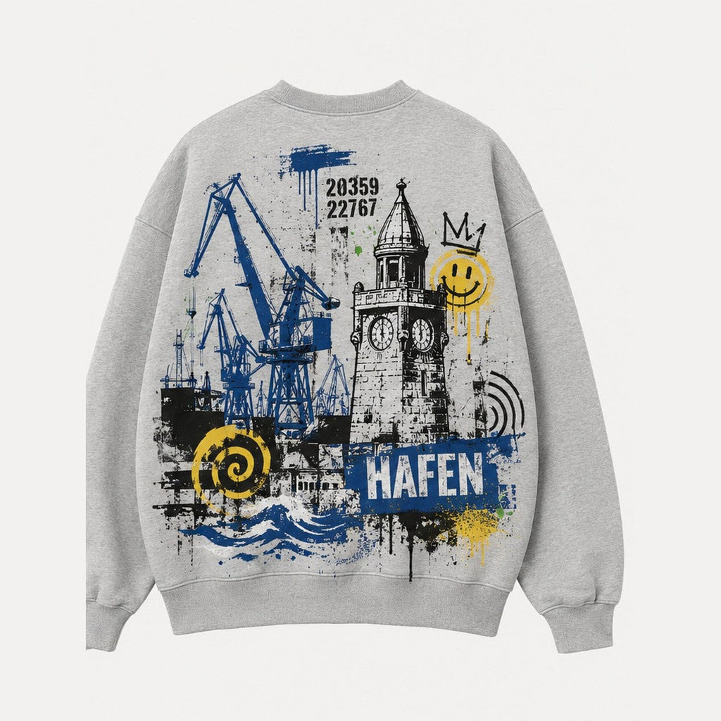 Hafen 22767 Sweater Grau meliert, Rückansicht mit Hafenkränen