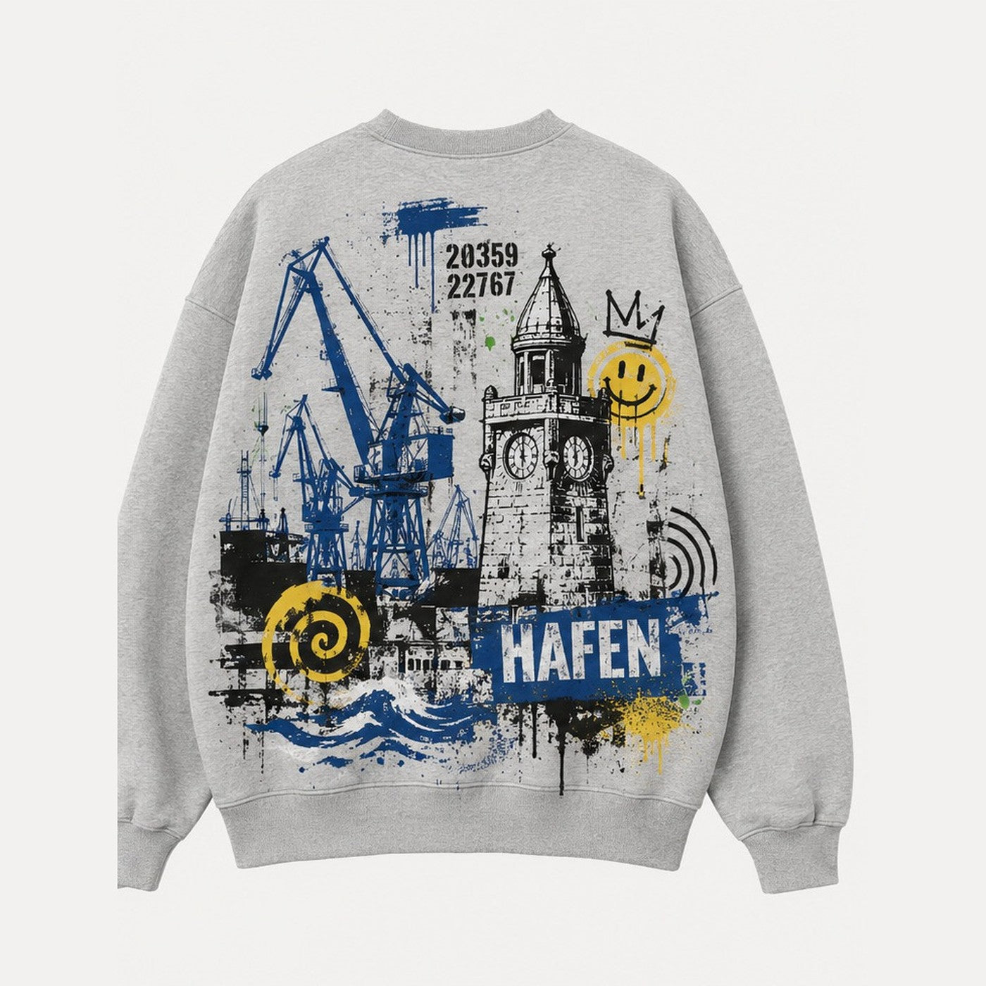 Hafen 22767 Sweater Grau meliert, Rückansicht mit Hafenkränen
