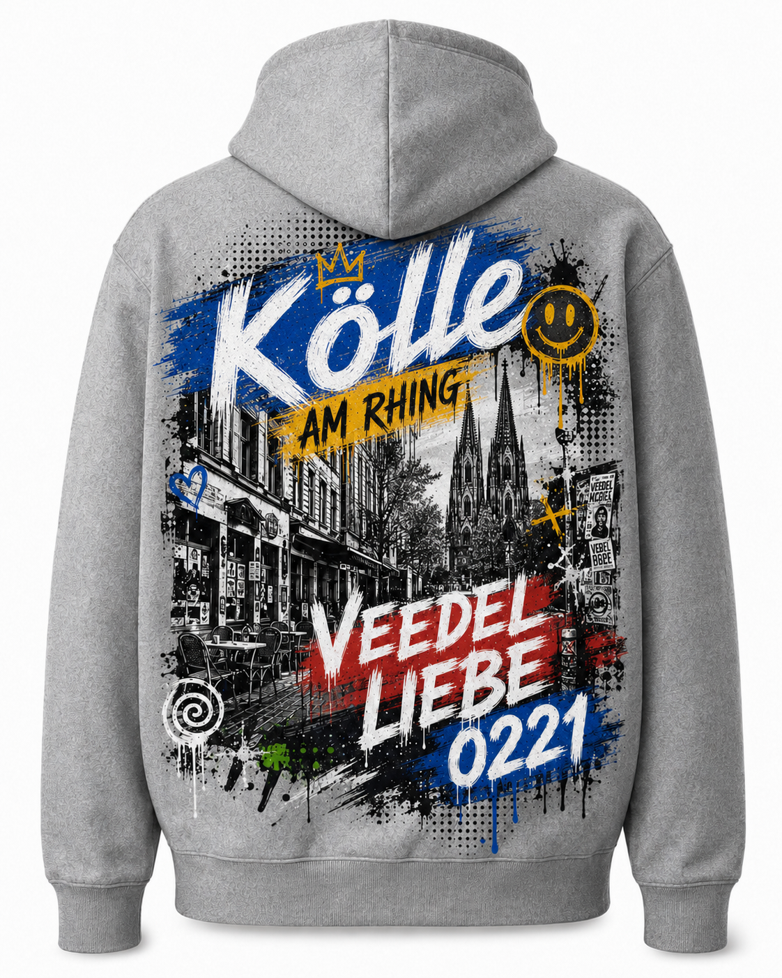 Belgisches Viertel Heavy Hoodie Grau meliert, Rückansicht mit Veedel-Motiv