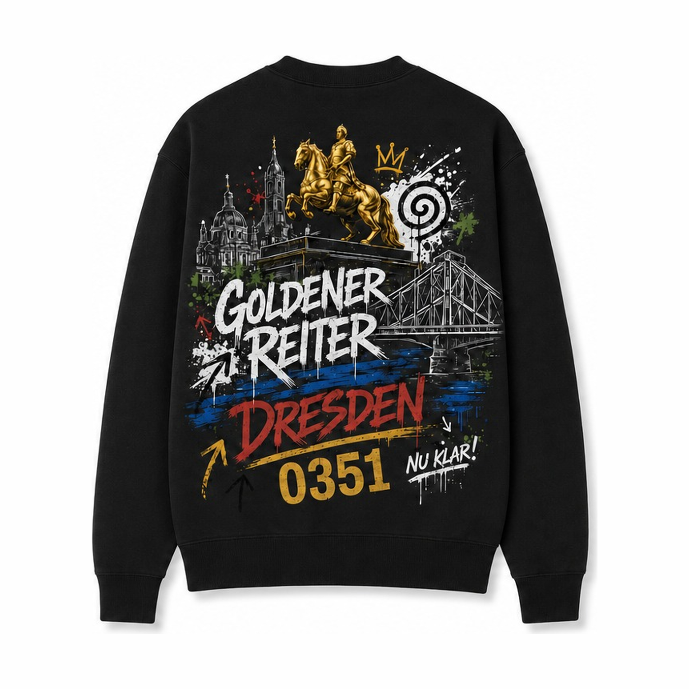 Goldener Reiter Heavy Sweater Schwarz, Rückansicht mit Reiterstandbild