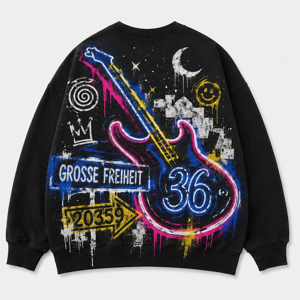 Guitar Night 36 Sweater Schwarz, Rückansicht mit Neon-Gitarre