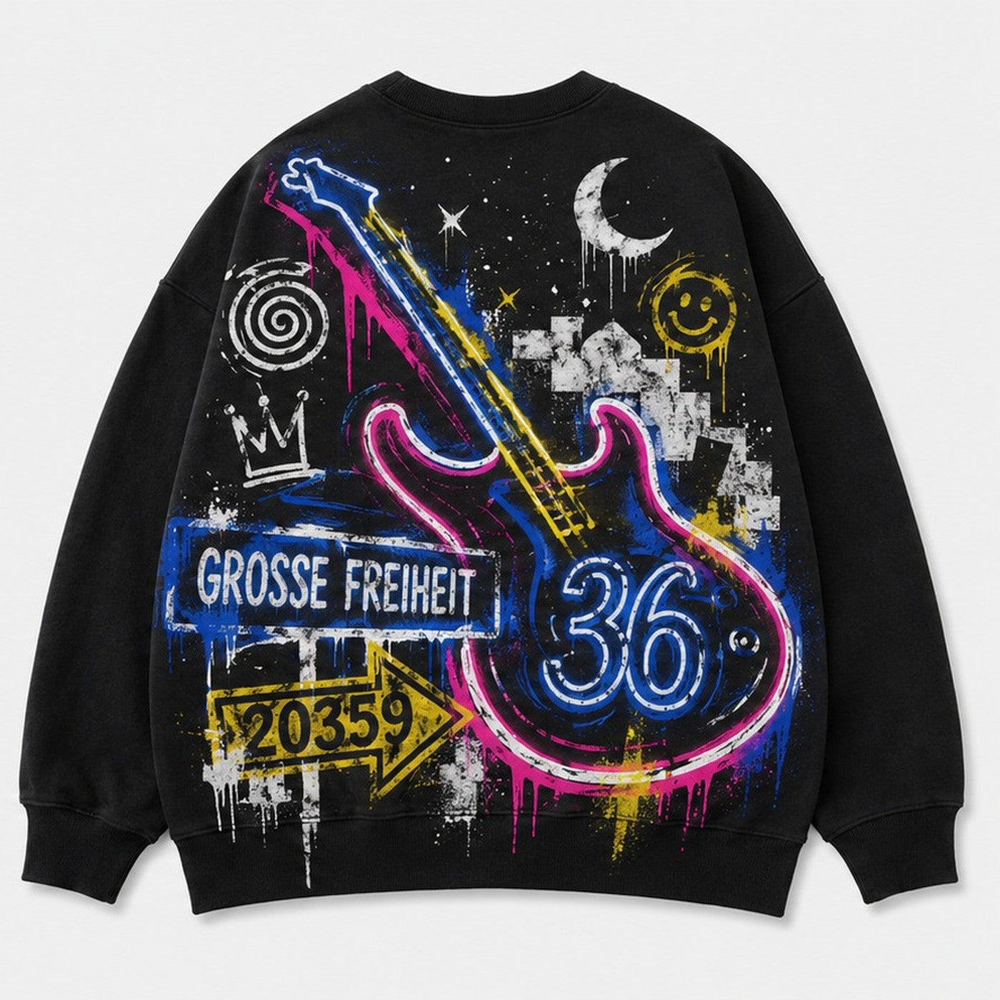 Guitar Night 36 Sweater Schwarz, Rückansicht mit Neon-Gitarre