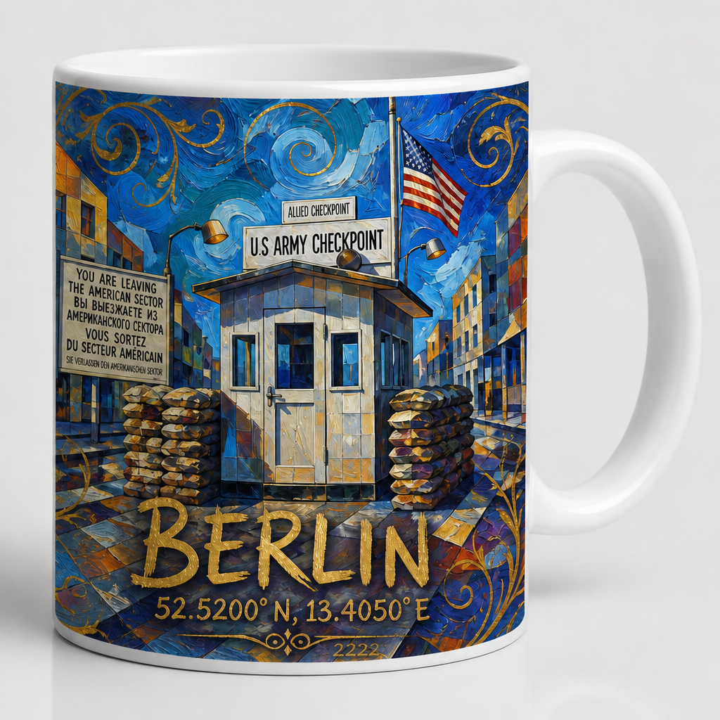 Checkpoint Charlie Meisterwerk Tasse, Motiv-Seite mit Signatur