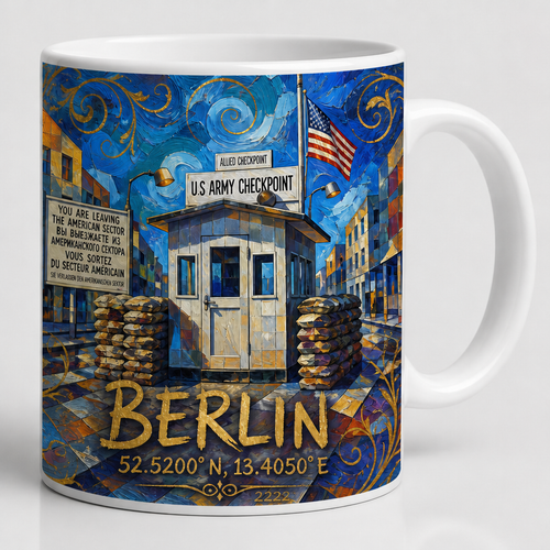 Checkpoint Charlie Meisterwerk Tasse, Motiv-Seite mit Signatur