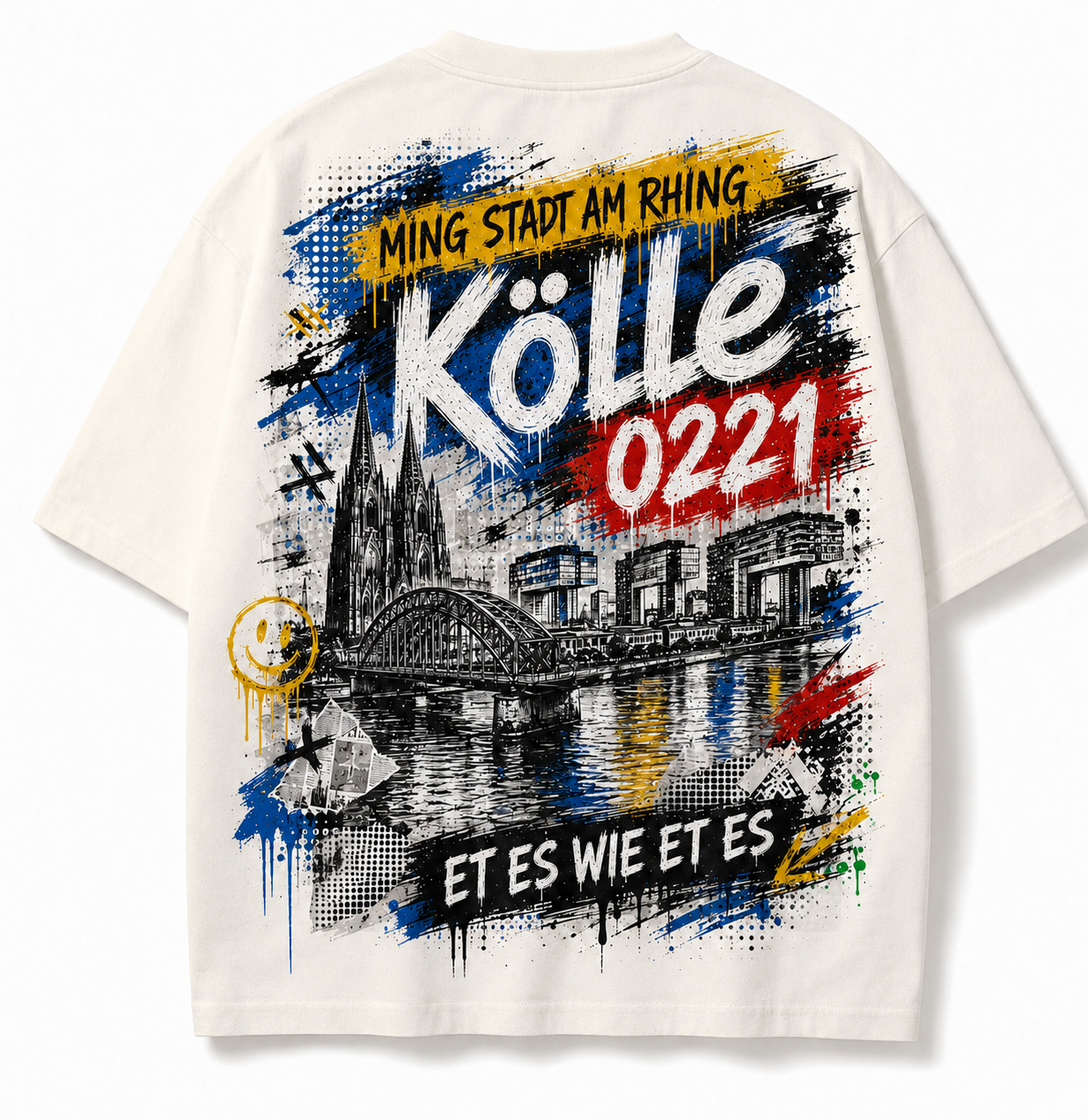 Ming Stadt am Rhing Oversized T-Shirt Natural, Rückansicht mit Kölle-Panorama