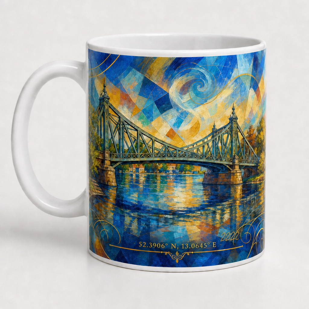 Glienicker Brücke Meisterwerk Tasse, Motiv-Seite mit Signatur