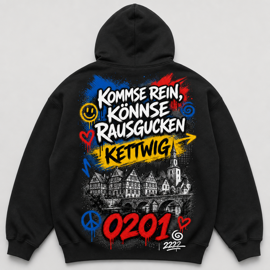 Kommse rein könnse rausgucken Kettwig 0201 Heavy Hoodie Essen schwarz Rückansicht