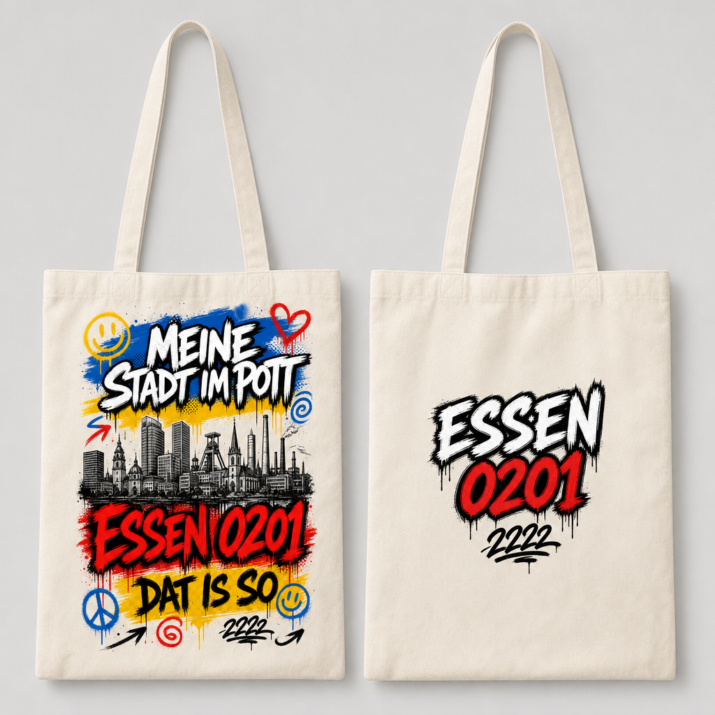 Meine Stadt im Pott Essen 0201 Dat is so Tragetasche Greta beidseitig bedruckt