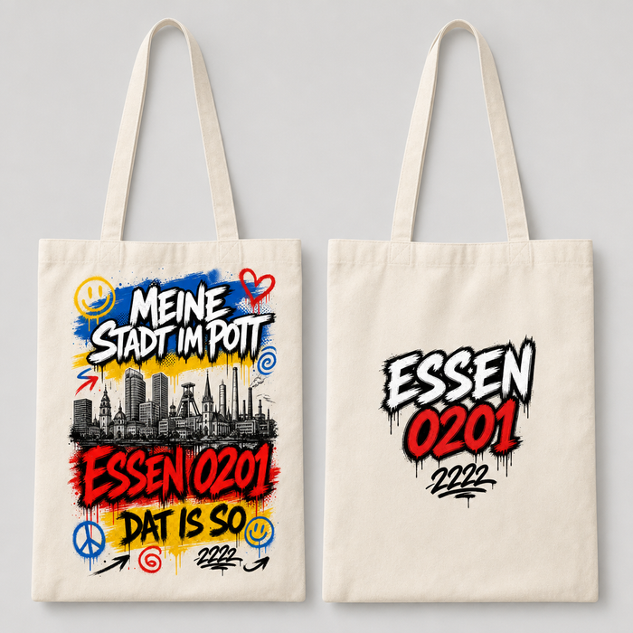 Meine Stadt im Pott Essen 0201 Dat is so Tragetasche Greta beidseitig bedruckt