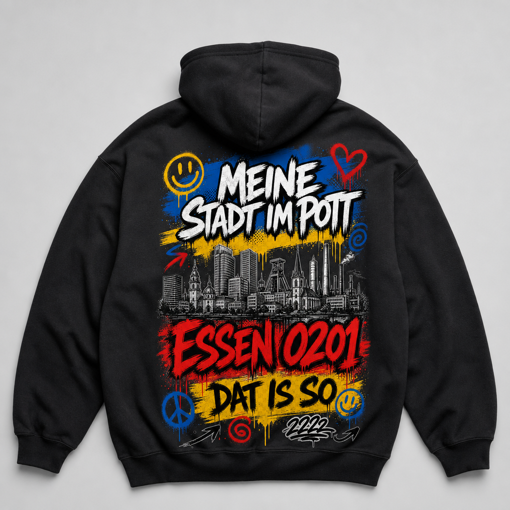 Meine Stadt im Pott Essen 0201 Dat is so Heavy Hoodie Essen schwarz Rückansicht