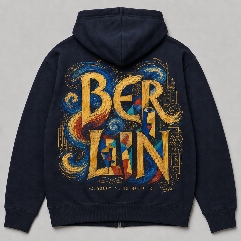 Stadtname Meisterwerk Zip-Hoodie, Rückansicht mit Signatur