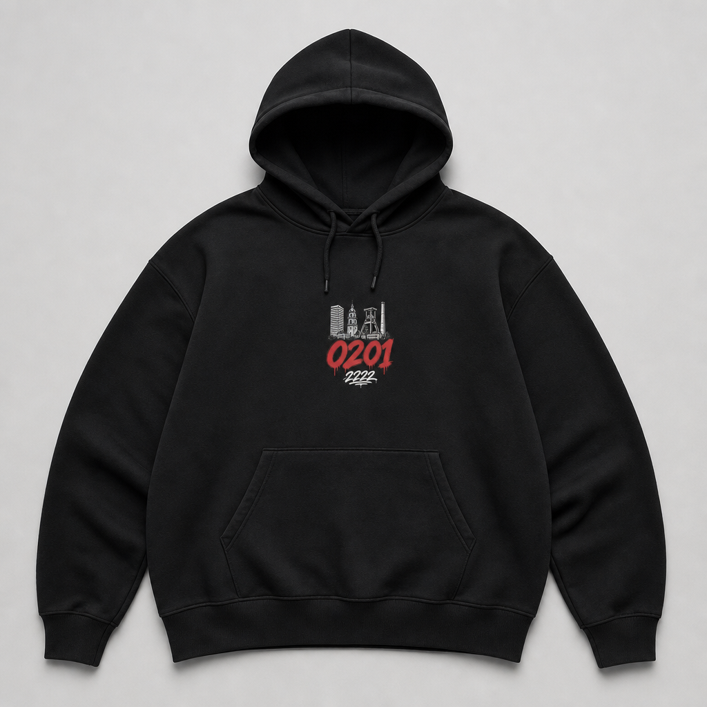 Meine Stadt im Pott Heavy Hoodie Essen schwarz Vorderansicht mit Brustdruck