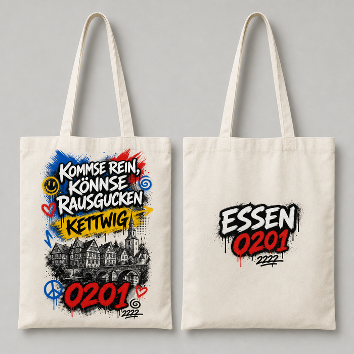 Kommse rein könnse rausgucken Kettwig 0201 Tragetasche Greta beidseitig bedruckt