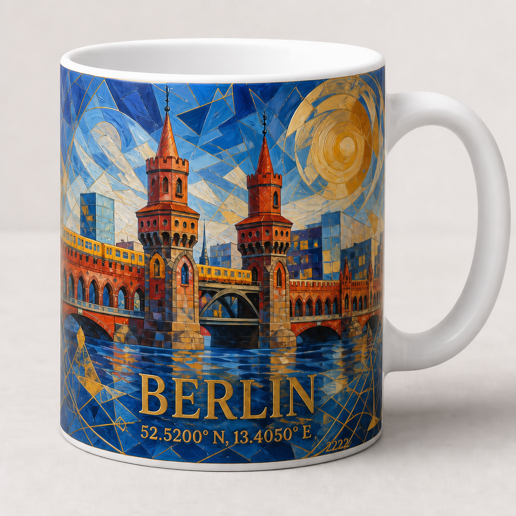 Oberbaumbrücke Meisterwerk Tasse, Motiv-Seite mit Signatur