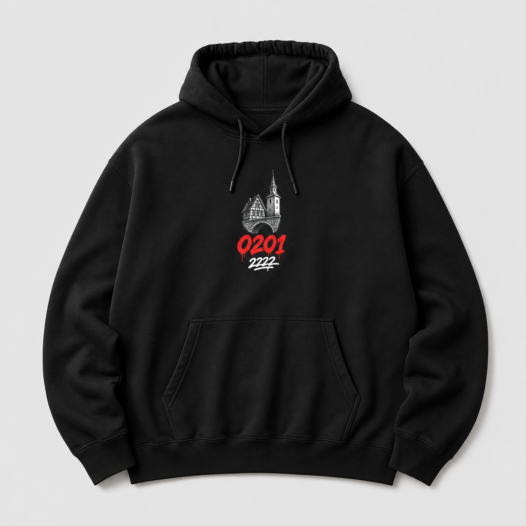 Kommse rein könnse rausgucken Heavy Hoodie Essen schwarz Vorderansicht mit Brustdruck