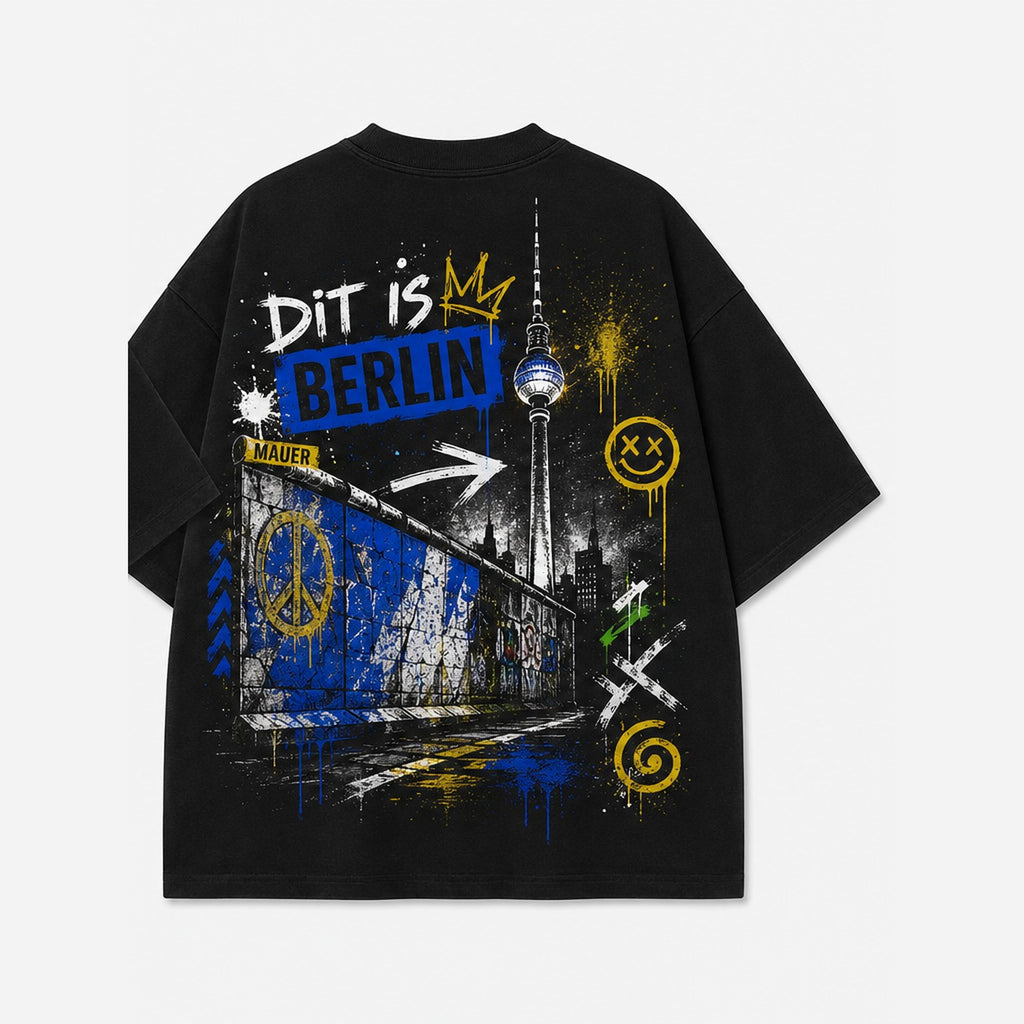 Mauer Dit Oversized T-Shirt Schwarz, Rückansicht mit East Side Gallery und Fernsehturm