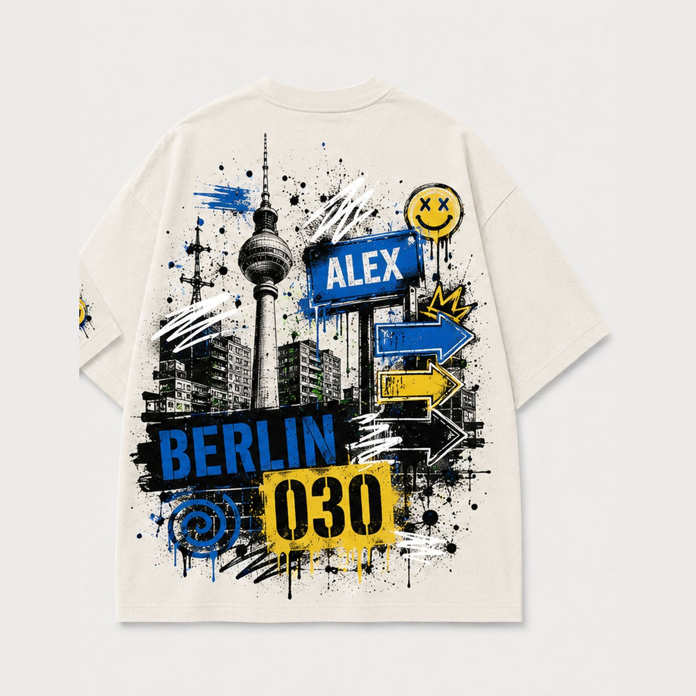 Alex 030 Oversized T-Shirt Natural, Rückansicht mit Fernsehturm und Alexanderplatz