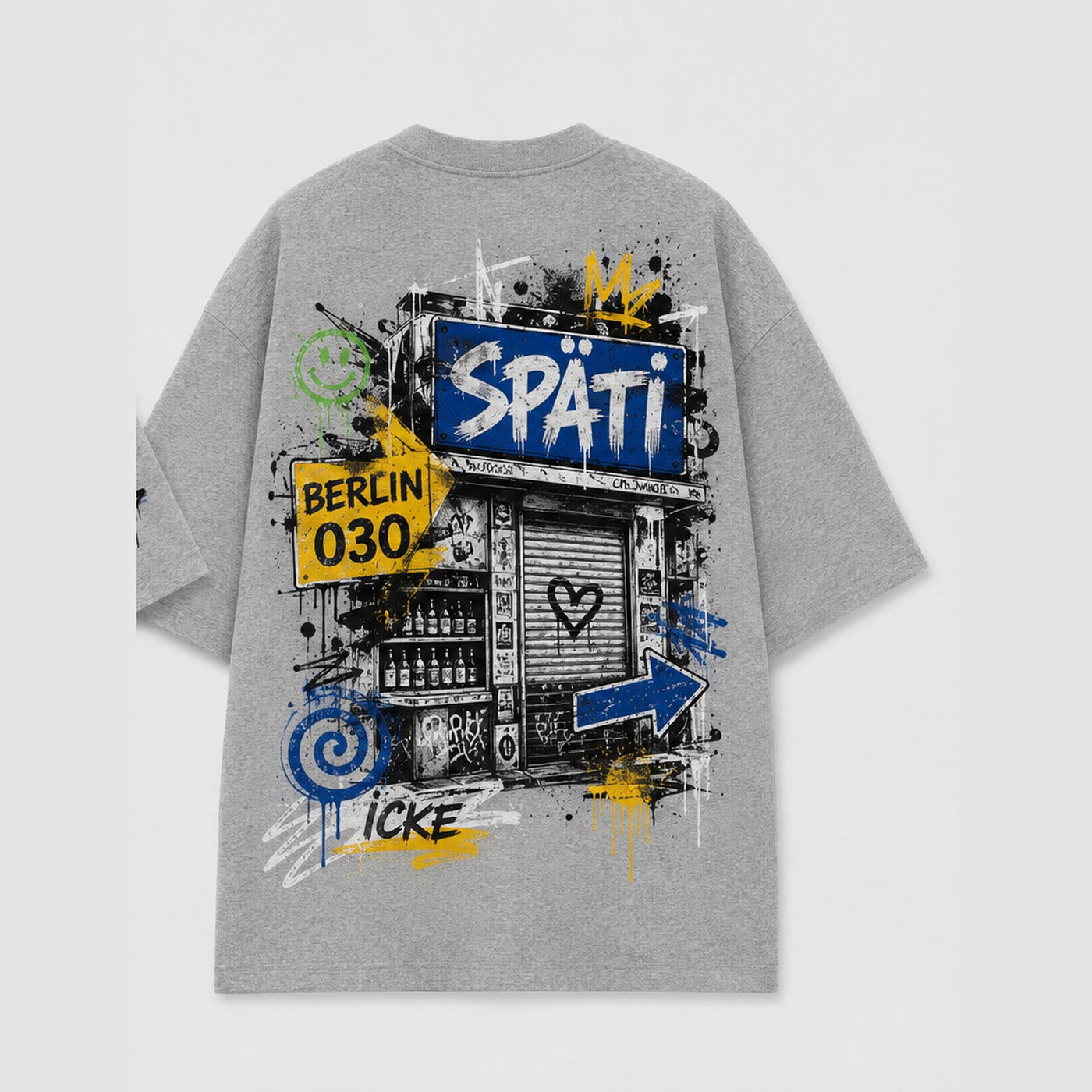 Späti Icke Oversized T-Shirt Grau meliert, Rückansicht mit Späti-Signwall