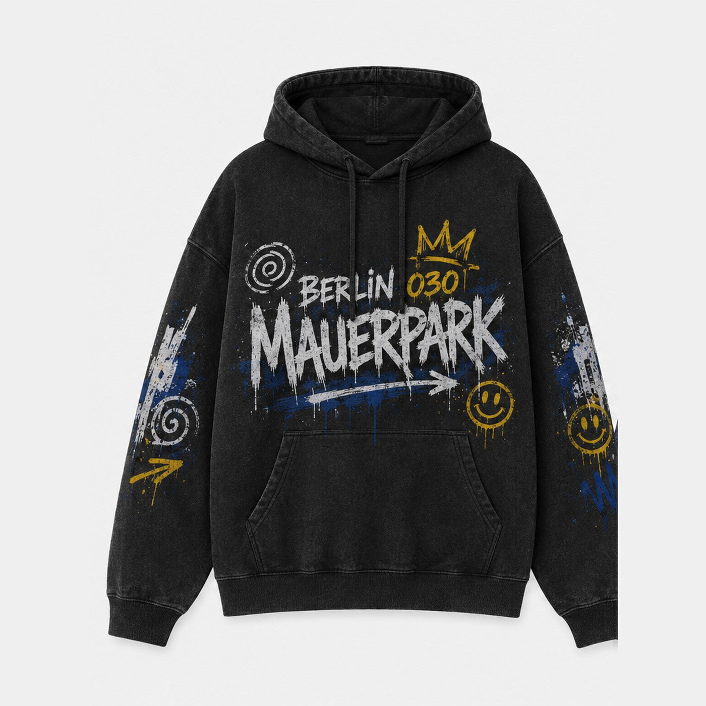 Mauerpark Hoodie Washed Black, Vorderansicht mit Brustprint