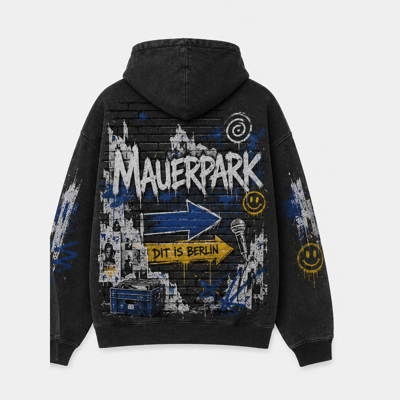 Mauerpark Hoodie Washed Black, Rückansicht mit Mauerpark-Motiv