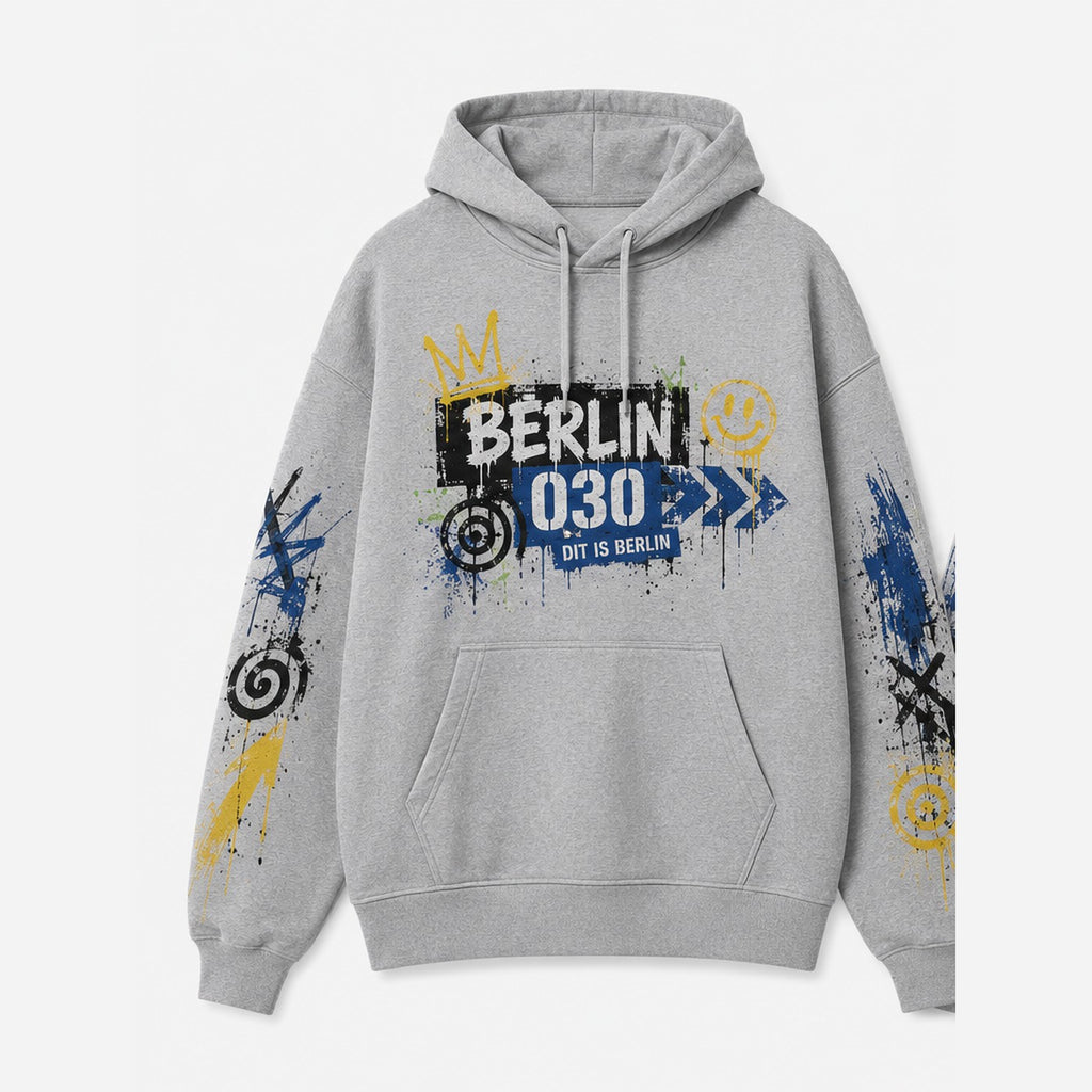 Tempelhof Hoodie Grau meliert, Vorderansicht mit Brustprint
