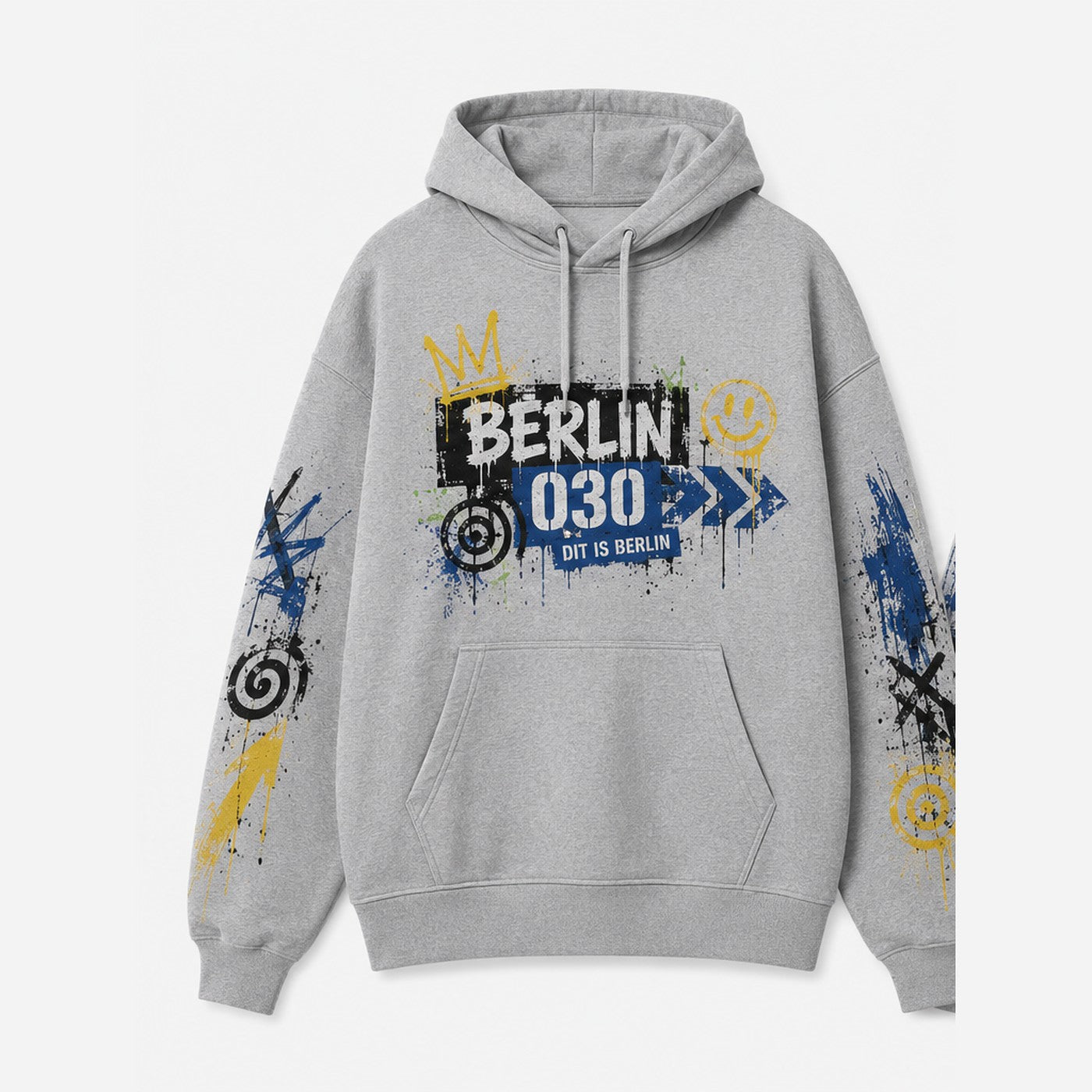 Tempelhof Hoodie Grau meliert, Vorderansicht mit Brustprint