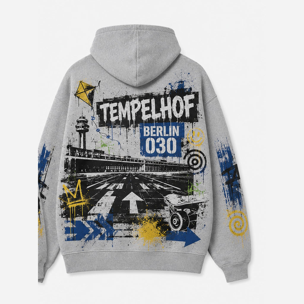 Tempelhof Hoodie Grau meliert, Rückansicht mit Tempelhofer Feld