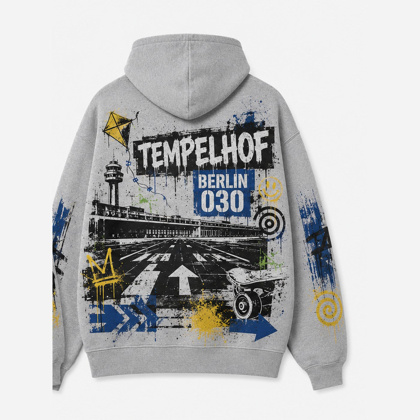 Tempelhof Hoodie Grau meliert, Rückansicht mit Tempelhofer Feld