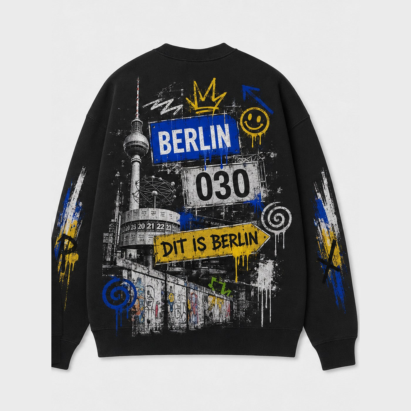 Alex Dit Sweater Schwarz, Rückansicht mit Fernsehturm und Signboards