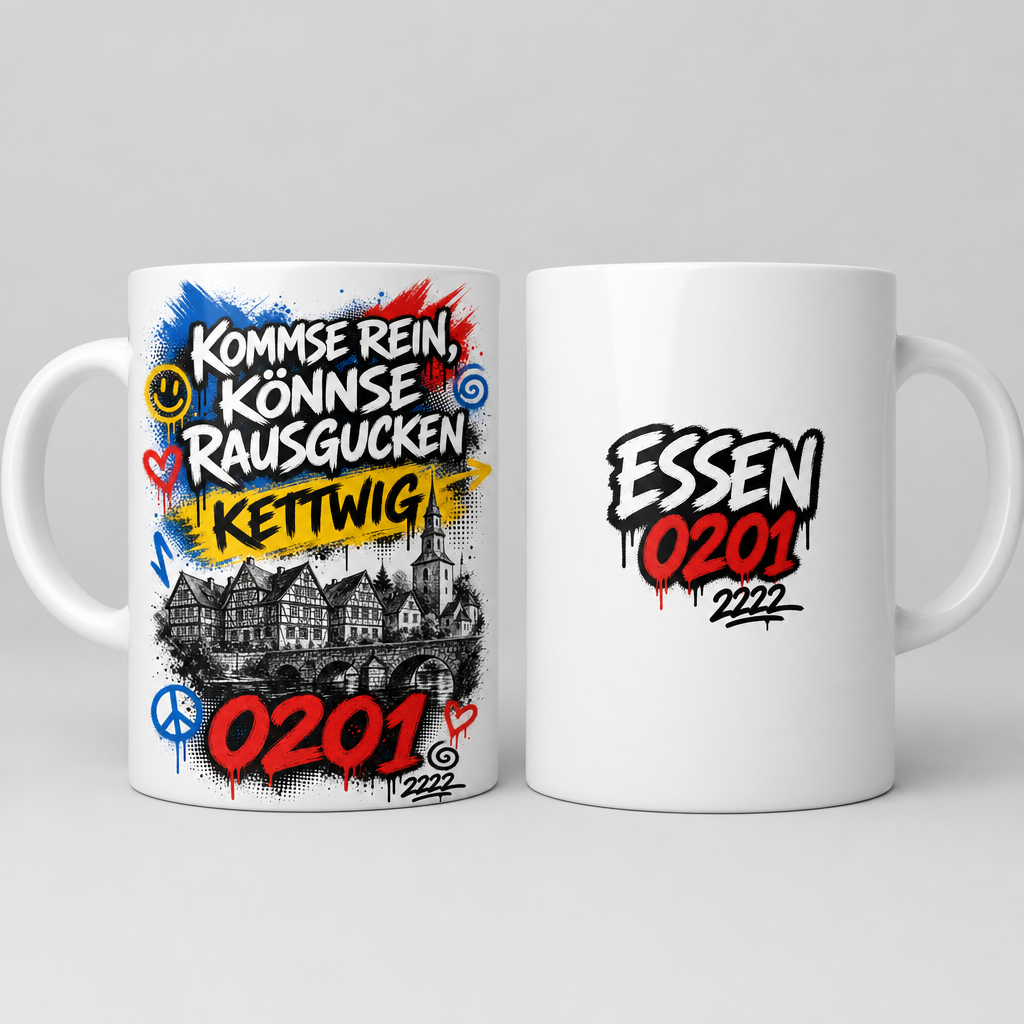 Kommse rein könnse rausgucken Kettwig 0201 Tasse beidseitig bedruckt