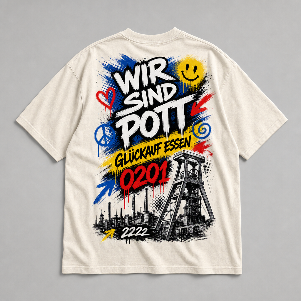 Wir sind Pott Glückauf Essen 0201 Oversized T-Shirt Natural Rückansicht