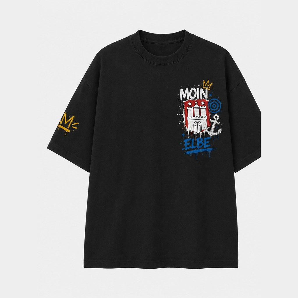 Elphi Moin Wappen Oversized T-Shirt Schwarz, Vorderansicht mit Brustprint