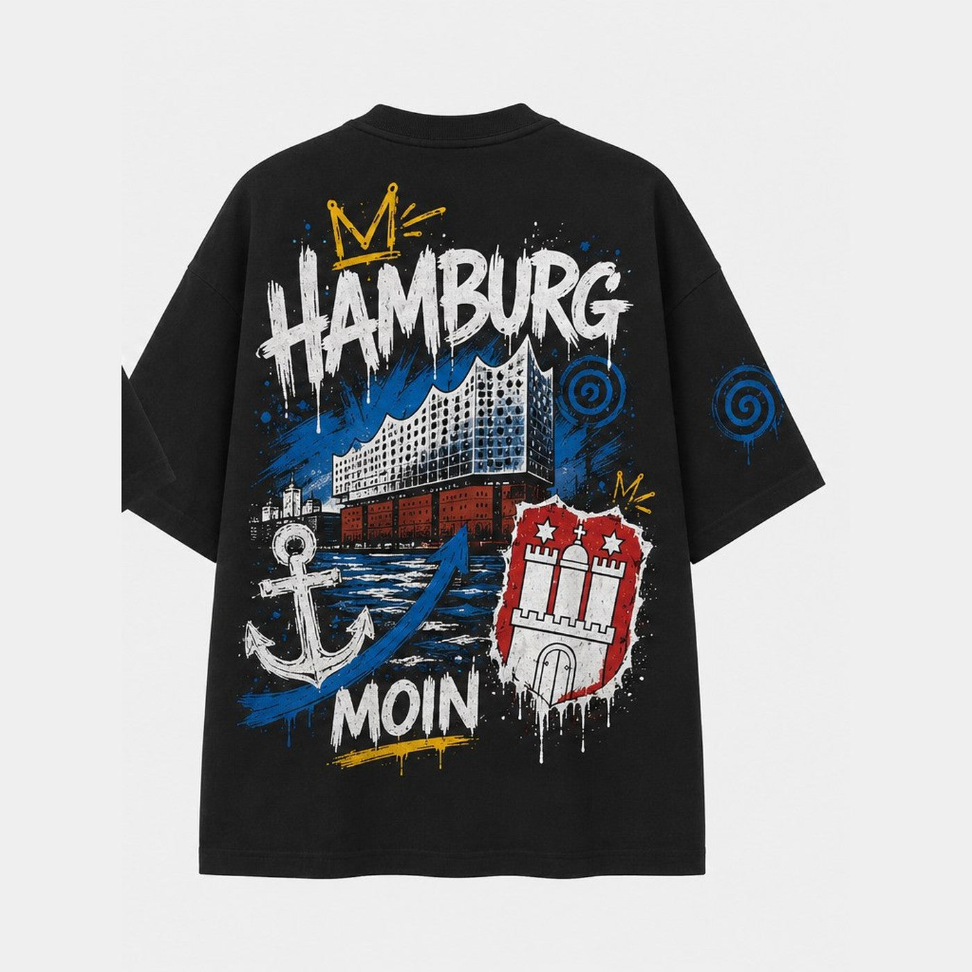 Elphi Moin Wappen Oversized T-Shirt Schwarz, Rückansicht mit Elbphilharmonie