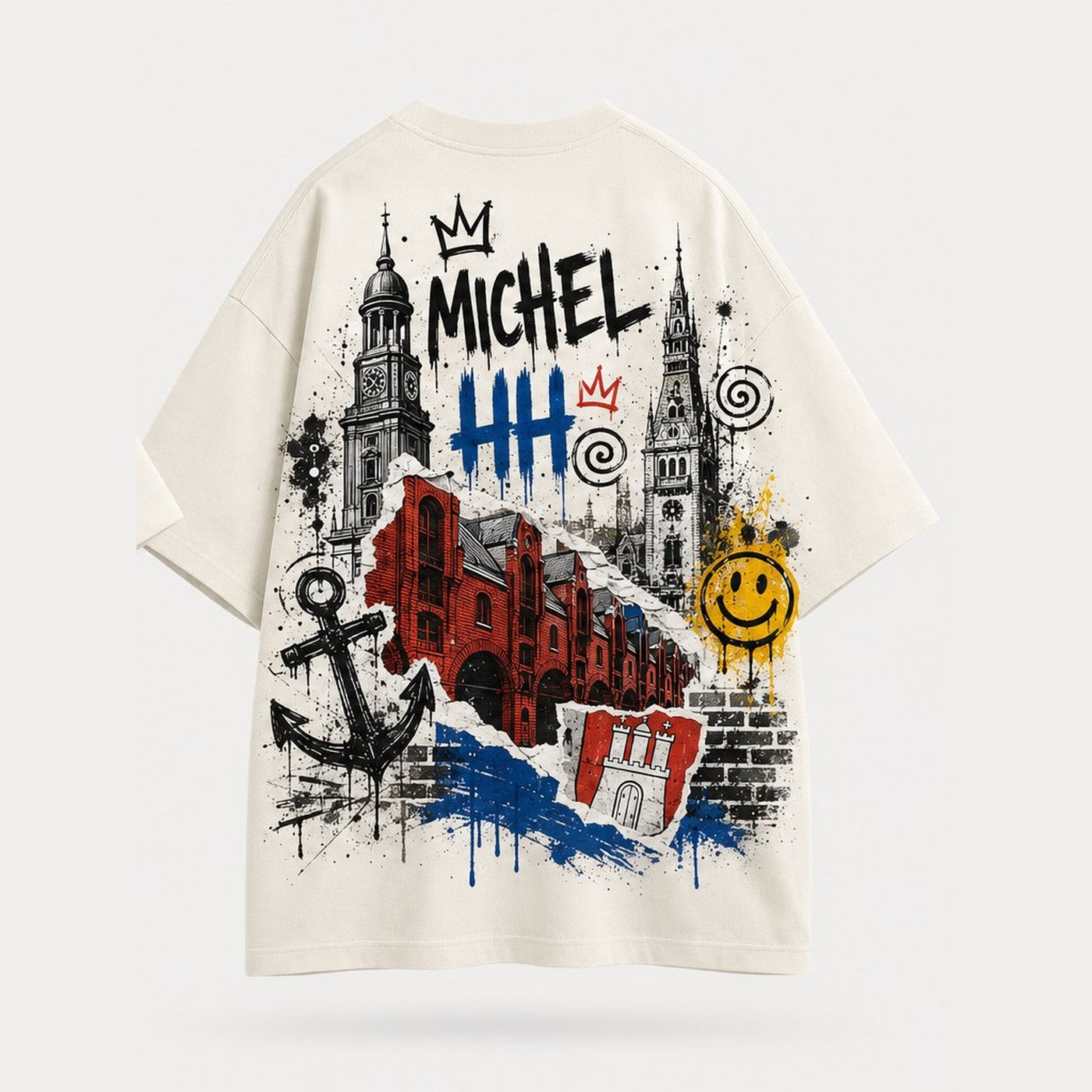 Michel Speicherstadt Oversized T-Shirt Natural, Rückansicht mit Michel und Speicherstadt