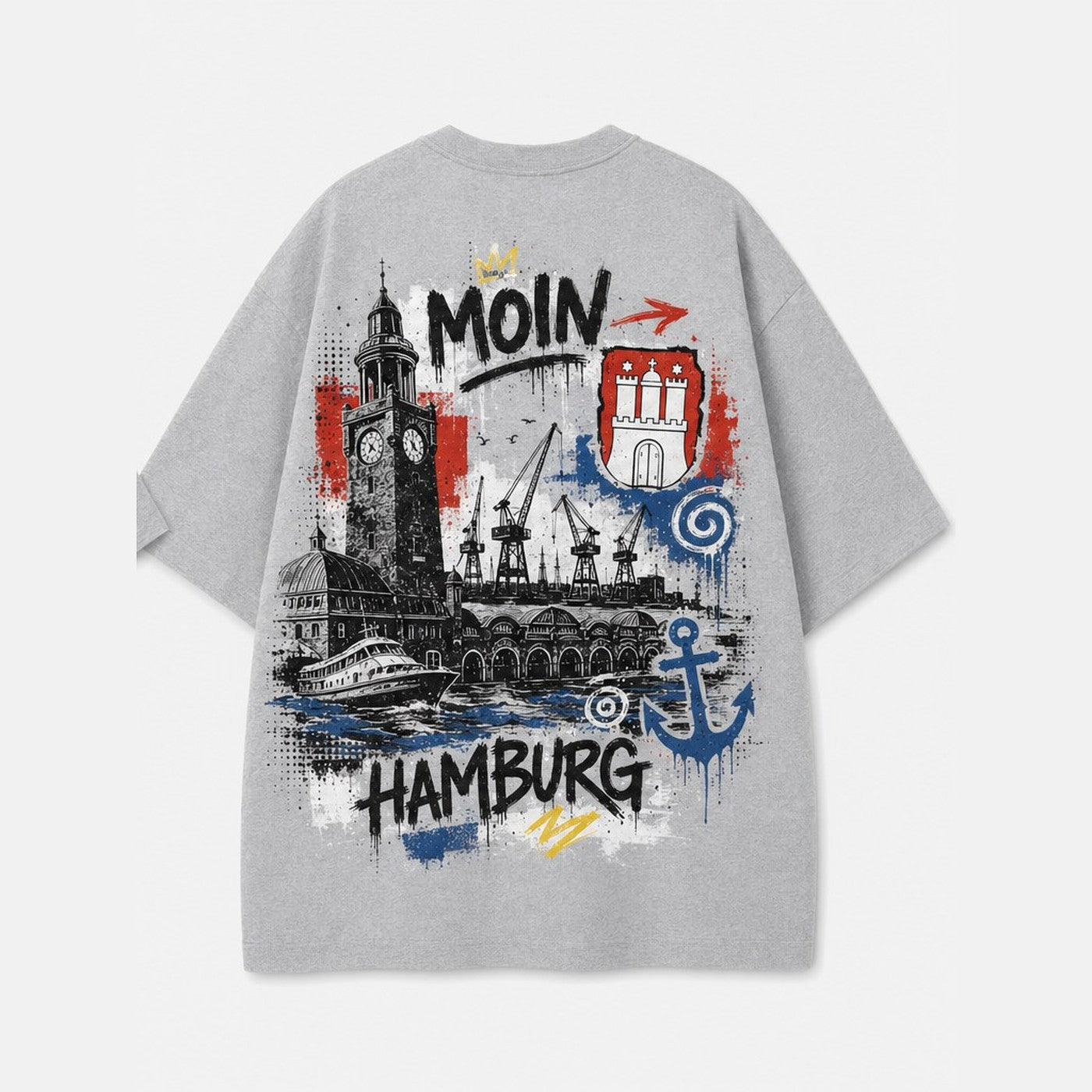 Hafen Landungsbrücken Oversized T-Shirt Grau meliert, Rückansicht mit Hafenmotiv